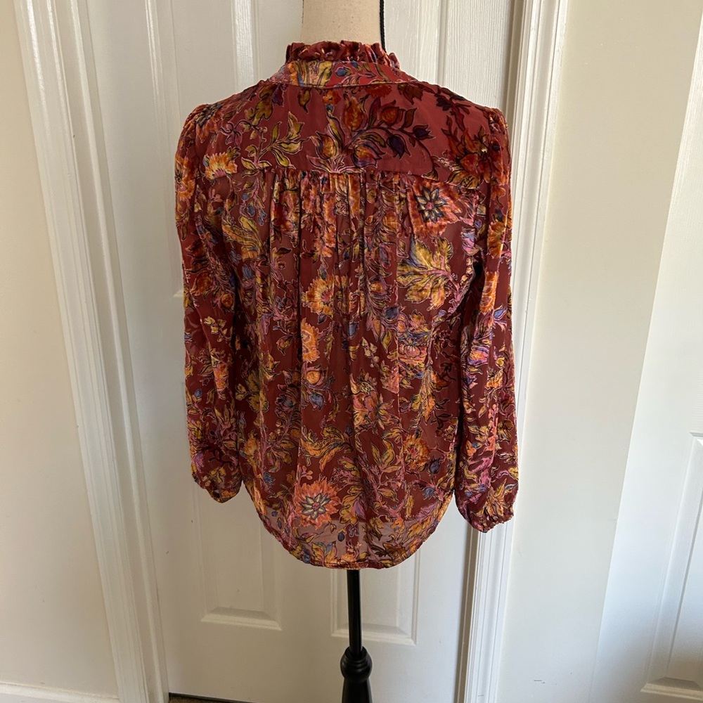 NWT Anthropologie The Estela Burnout Sheer Floral Printed Blouse in Maroon - Picture 8 of 14